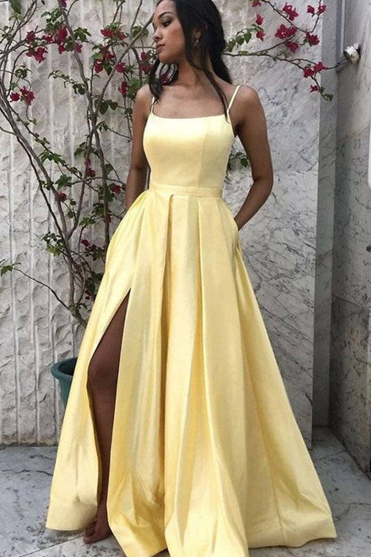 yellow long dresses Simple A-Line Satin Spaghetti Straps Sleeveless Yellow Long Prom Dress – Demodresses