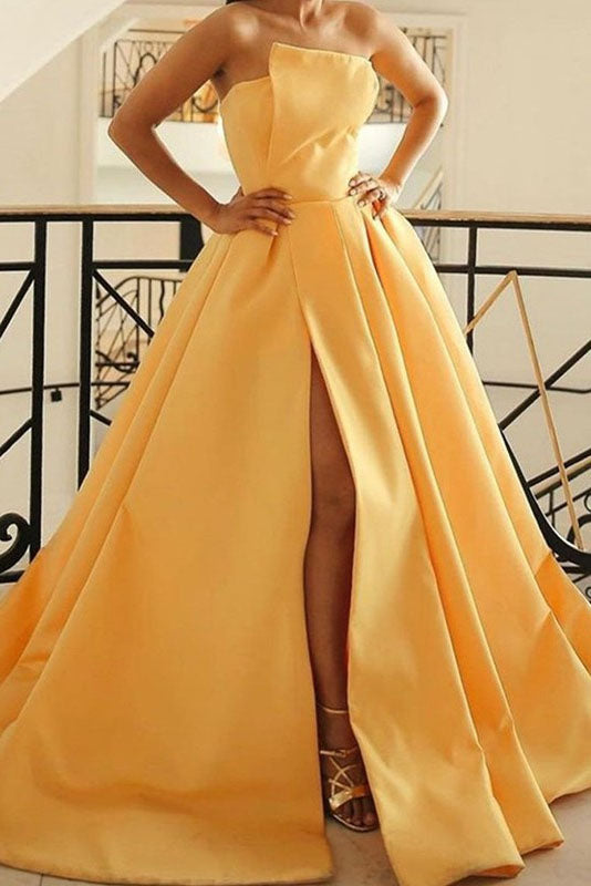 Yellow A-Line Satin Strapless Sleeveless Long Prom Dresses With Slit DM1819