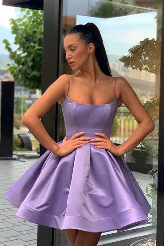 Simple Purple A-line Satin Short Homecoming Dress Spaghetti Straps Sho Demodresses Simple Purple A-line Satin Short Homecoming Dress Spaghetti Straps Sho Demodresses