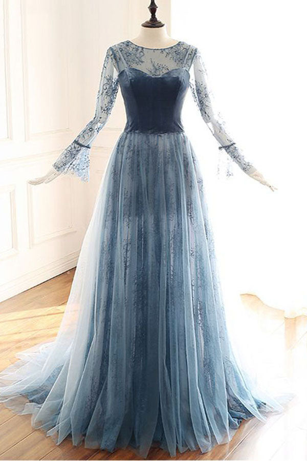 Blue Gray Lace Long Sleeves Tulle Formal Prom Dresses A Line Evening D Demodresses Blue Gray Lace Long Sleeves Tulle Formal Prom Dresses A Line Evening D Demodresses