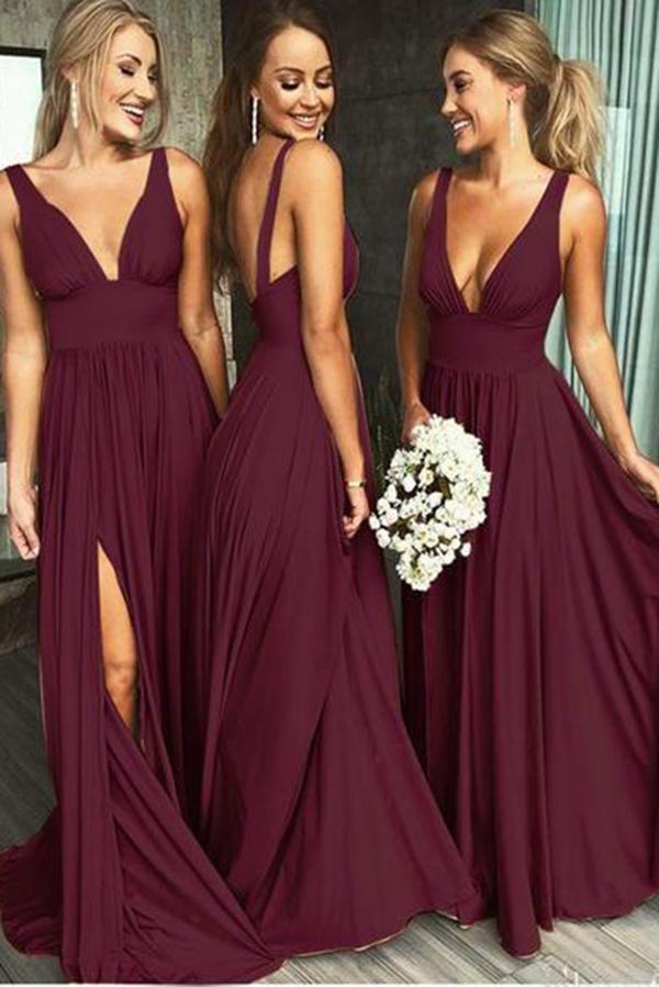Burgundy A Line Deep V Neck Cheap Bridesmaid Dresses For Wedding DMI92
