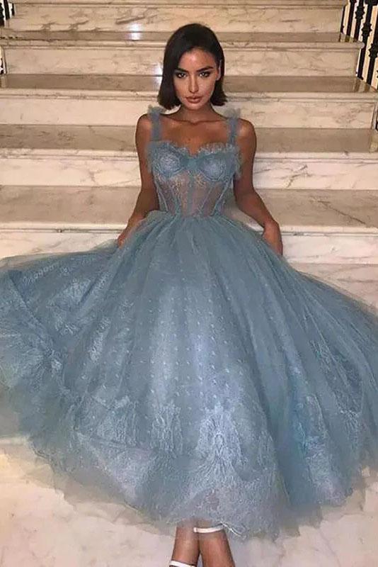Elegant Grey Blue A Line Prom Dress Tea Length Corset Top Sweetheart P Demodresses Elegant Grey Blue A Line Prom Dress Tea Length Corset Top Sweetheart P Demodresses
