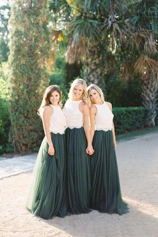 Modest Forest Green Tulle Ivory Lace Top Bridesmaid Dresses DMB97