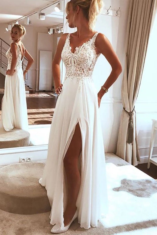 Stunning A Line Lace Top Chiffon Boho Bride Dress With Slit Wedding Go Demodresses Stunning A Line Lace Top Chiffon Boho Bride Dress With Slit Wedding Go Demodresses