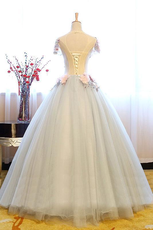 White Princess Deep V Neck Flowers Cap Sleeve Long Ball Gown Prom Dresses, Quinceanera Dress DM689