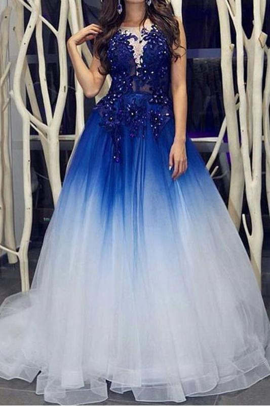 Elegant Royal Blue White Ombre Long Prom Dresses with Appliques for Teens DMH18