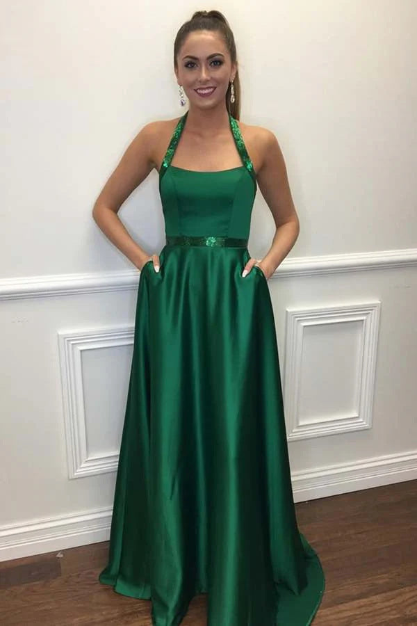A Line Halter Green Long Prom Dresses With Pocket Satin Formal Evening Dresses DMP291