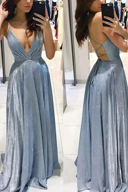 A Line V-neck Sleeveless Spaghetti Straps Long Sexy Prom Dresses DM1820
