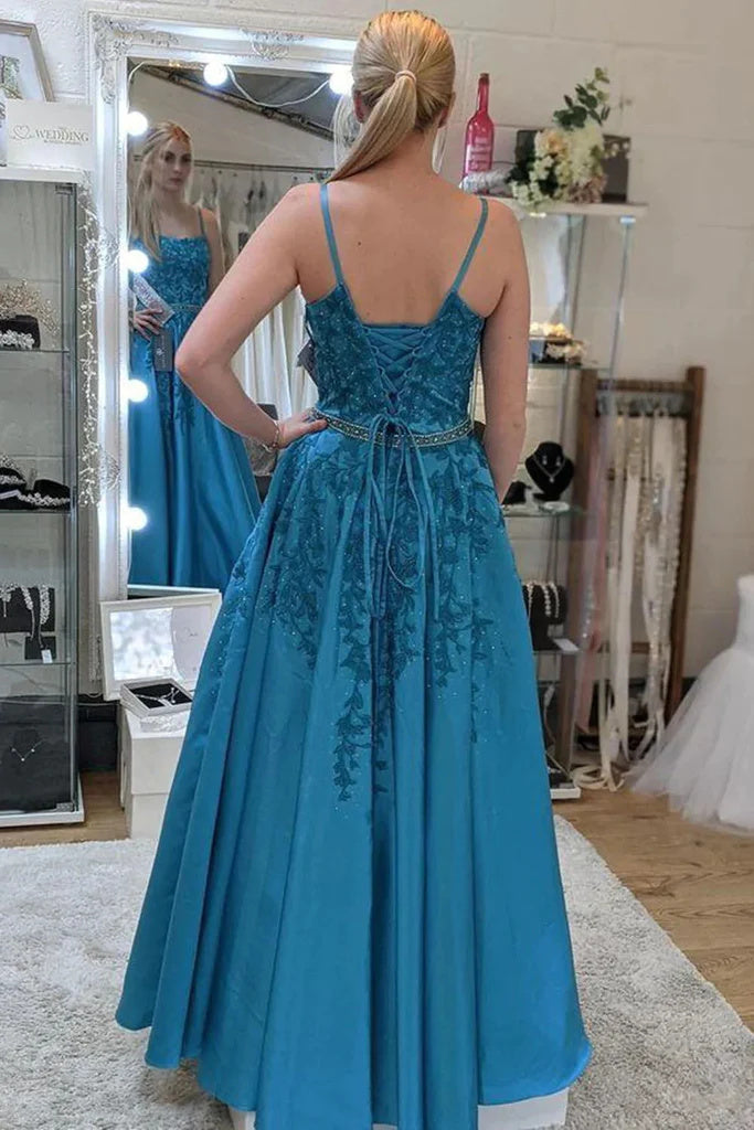 strapless open back dress V-Neck Spaghetti Straps Lace Applique Formal Gowns Sleeveless Off-Shou – SQOSA main image 0