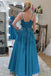 A Line Blue Lace Appliques Long Prom Dresses with Belt, Formal Evening Dresses DM1821