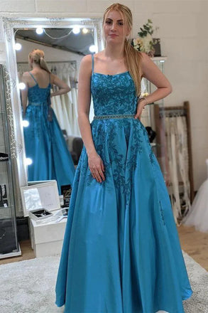 A Line Blue Lace Appliques Long Prom Dresses with Belt, Formal Evening Dresses DM1821