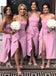 A Line Satin Pink High Low Length Leg Slit Bridesmaid Dresses With Belt DM1839