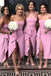 A Line Satin Pink High Low Length Leg Slit Bridesmaid Dresses With Belt DM1839