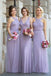 A Line Tulle Long Lavender Elegant Halter-Neck Ruched Bridesmaid Dresses DM1843