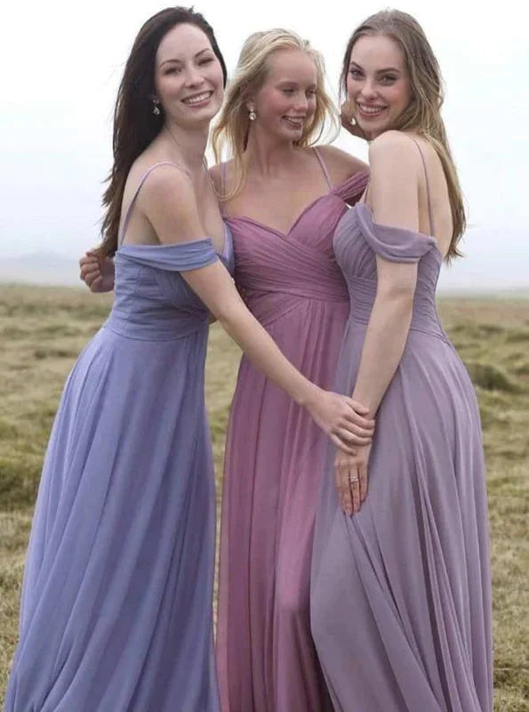 A-Line Cold Shoulder Sage Chiffon Long Bridesmaid Dress DM1844