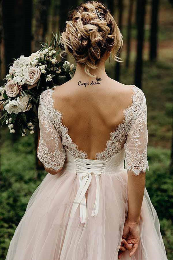 A Line Pink Tulle Lace Backless Half Sleeves Lace Up Wedding Dresses, Bridal Gown DM1881