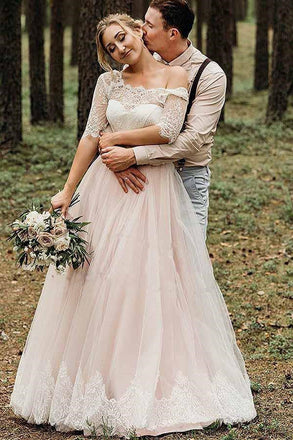 A Line Pink Tulle Lace Backless Half Sleeves Lace Up Wedding Dresses, Bridal Gown DM1881