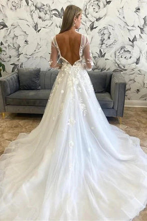 A-Line Floral Appliques Off White Plunging Neck Long Sleeves Backless Wedding Dress DM1906