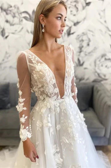 A-Line Floral Appliques Off White Plunging Neck Long Sleeves Backless Wedding Dress DM1906