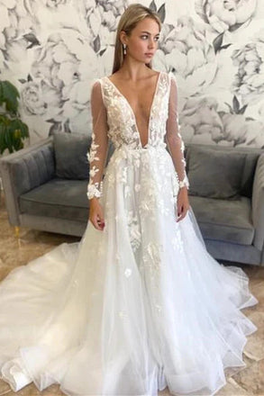 A-Line Floral Appliques Off White Plunging Neck Long Sleeves Backless Wedding Dress DM1906