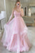 A Line V Neck Light Pink Tulle Prom Dresses, Tulle Formal Evening Dresses DM1913