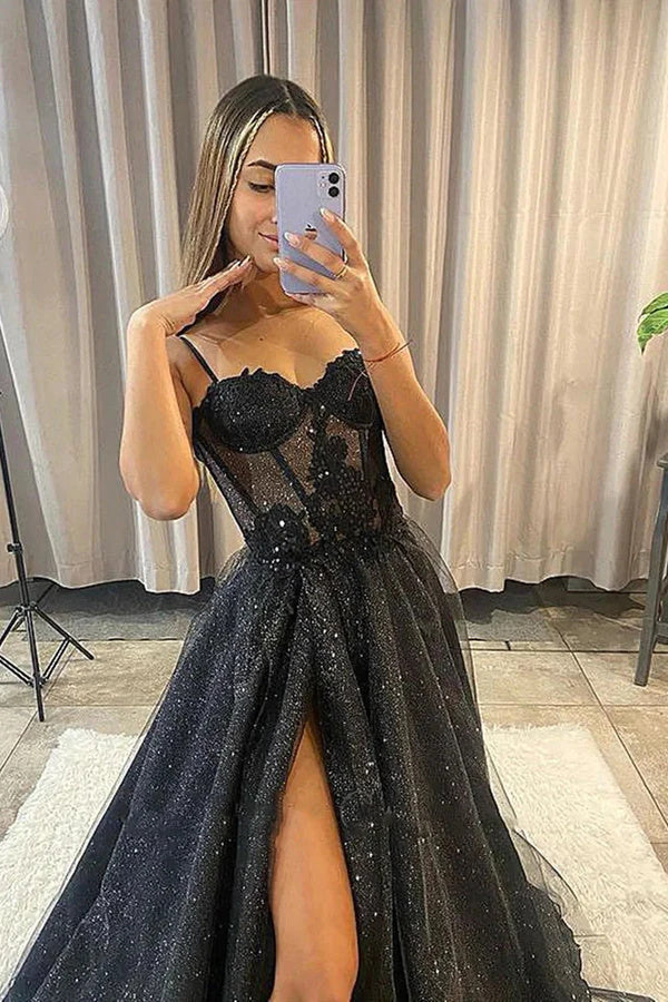 A Line Black Long Lace Appliques Prom Dresses, Formal Evening Dresses DM1914