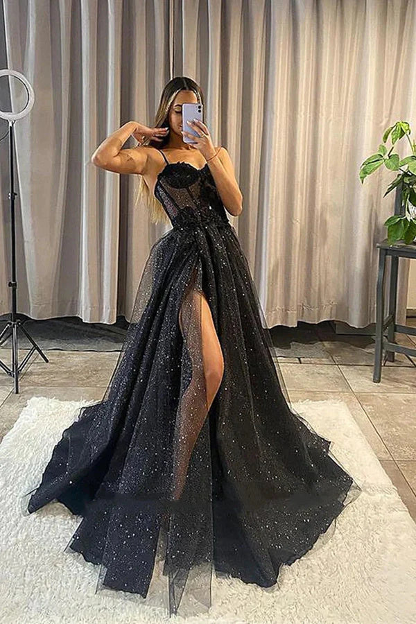 A Line Black Long Lace Appliques Prom Dresses, Formal Evening Dresses DM1914