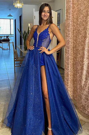 A Line V Neck Royal Blue Lace Prom Dresses, Formal Evening Dresses DM1915