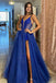 A Line V Neck Royal Blue Lace Prom Dresses, Formal Evening Dresses DM1915