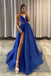 A Line V Neck Royal Blue Lace Prom Dresses, Formal Evening Dresses DM1915