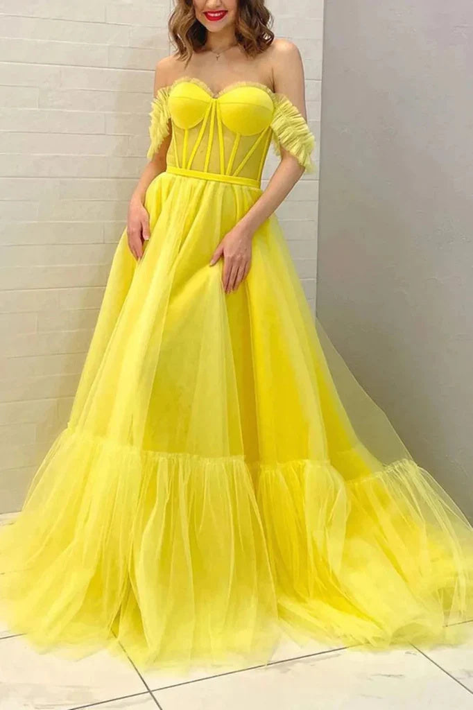 A Line Off the Shoulder Yellow Tulle Long Prom Dresses, Formal Evening Dresses DM1919