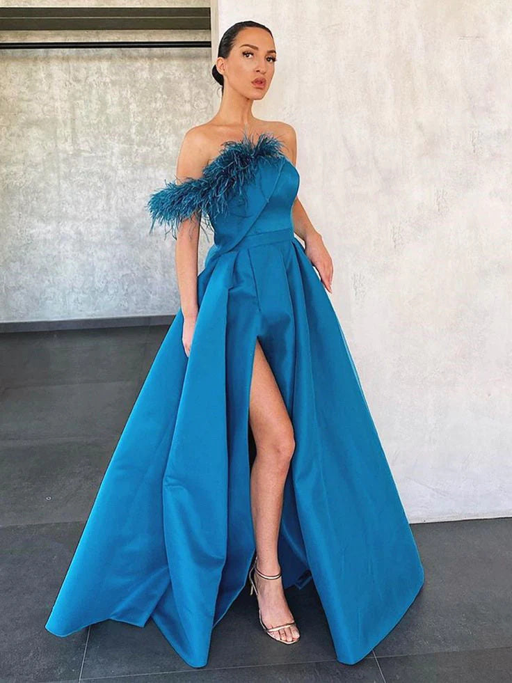 A Line Peacock Blue Satin Long Prom Dresses, Strapless Formal Evening Dresses DM1959