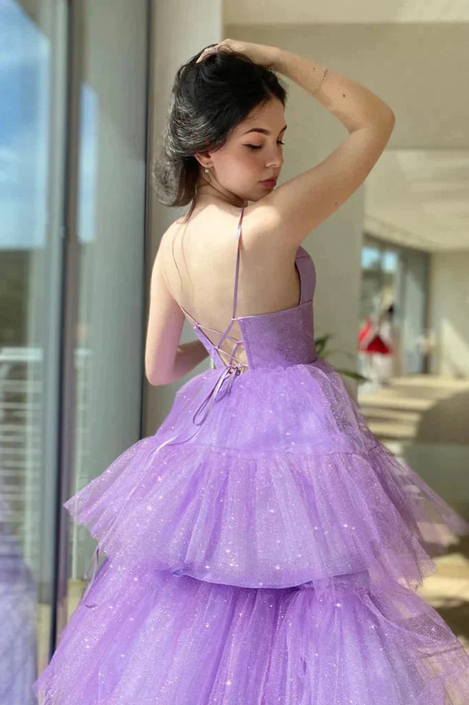 A Line Tulle V Neck Purple High Low Prom Dresses, Formal Party Dresses DM1987