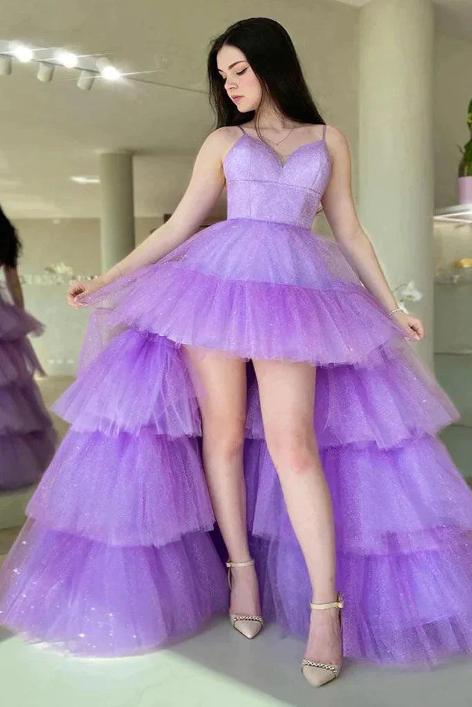 A Line Tulle V Neck Purple High Low Prom Dresses, Formal Party Dresses DM1987