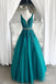 A Line V Neck Dark Green Lace Appliques Prom Dresses, Formal Evening Dresses DM1991