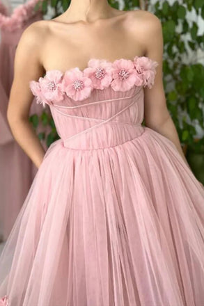 A Line Tea Length Pink Floral Prom Dresses, Formal School Party Dresses DM1992