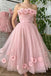 A Line Tea Length Pink Floral Prom Dresses, Formal School Party Dresses DM1992