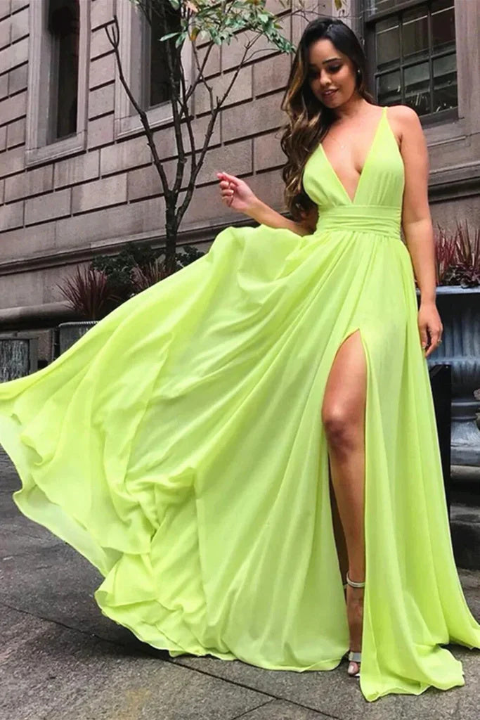 A Line Chiffon V Neck Long Prom Dresses, Formal Evening Dresses DM1994