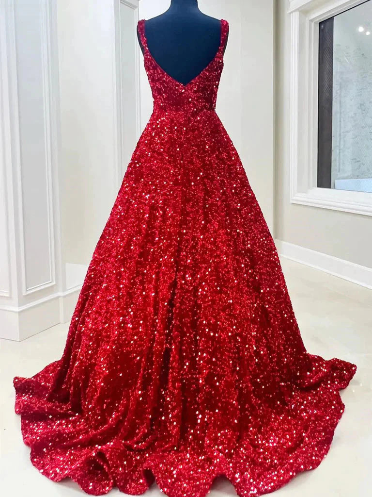A line Red Square Neck Sequin Long Prom Dresses, Formal Evening Dresses DM2003
