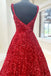 A line Red Square Neck Sequin Long Prom Dresses, Formal Evening Dresses DM2003