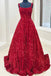 A line Red Square Neck Sequin Long Prom Dresses, Formal Evening Dresses DM2003