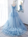 A Line V Neck Blue Long Prom Dress with Sweep Train, Formal Evening Dresses DM2004