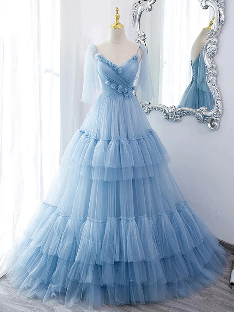 A Line V Neck Blue Long Prom Dress with Sweep Train, Formal Evening Dresses DM2004