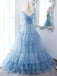 A Line V Neck Blue Long Prom Dress with Sweep Train, Formal Evening Dresses DM2004
