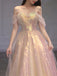 A Line Tulle Sequin Long Prom Dress, Off Shoulder Formal Graduation Dress DM2023