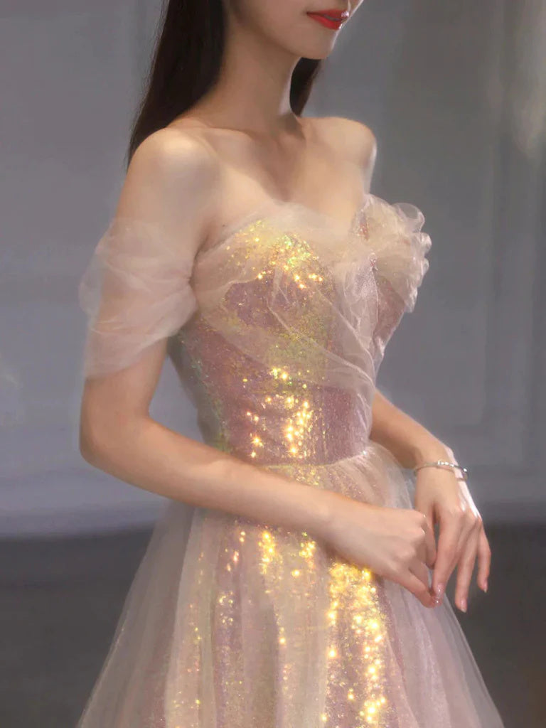 A Line Tulle Sequin Long Prom Dress, Off Shoulder Formal Graduation Dress DM2023