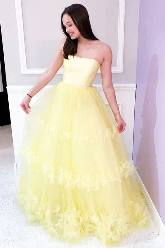 A Line Tulle Yellow Lace Appliques Long Prom Dresses, Formal Evening Dresses DMT1822