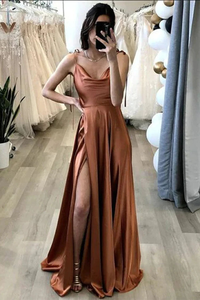 Simple A Line Long Prom Dresses, Spaghetti Straps Split Formal Evening Dresses DMP340