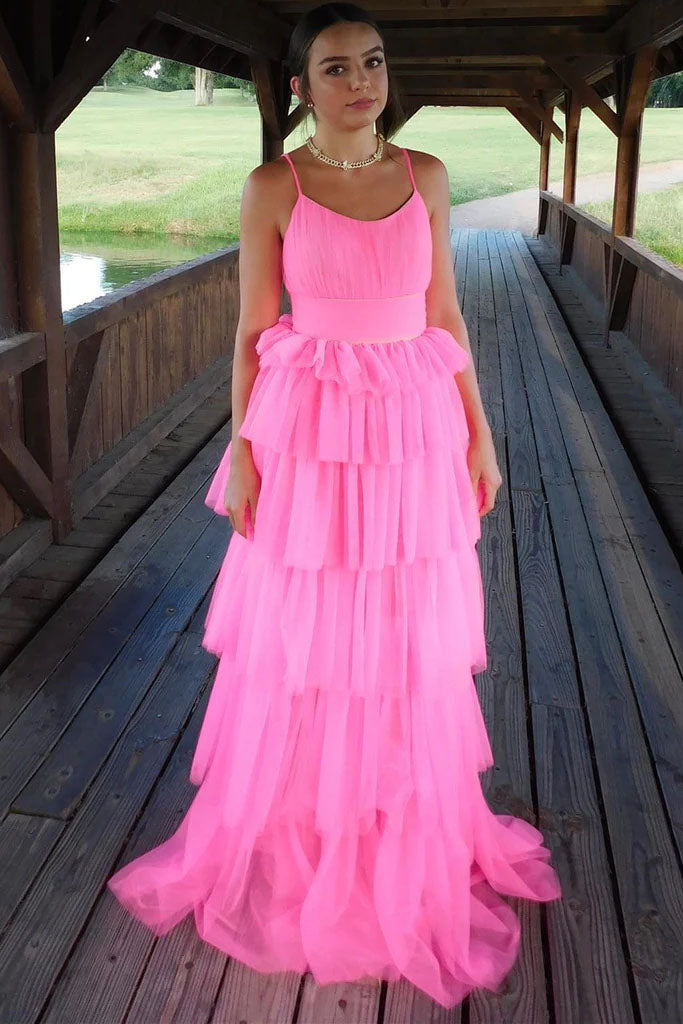 Hot Pink A Line Tulle Spaghetti Straps Long Prom Dresses, Formal Evening Dresses DMP342