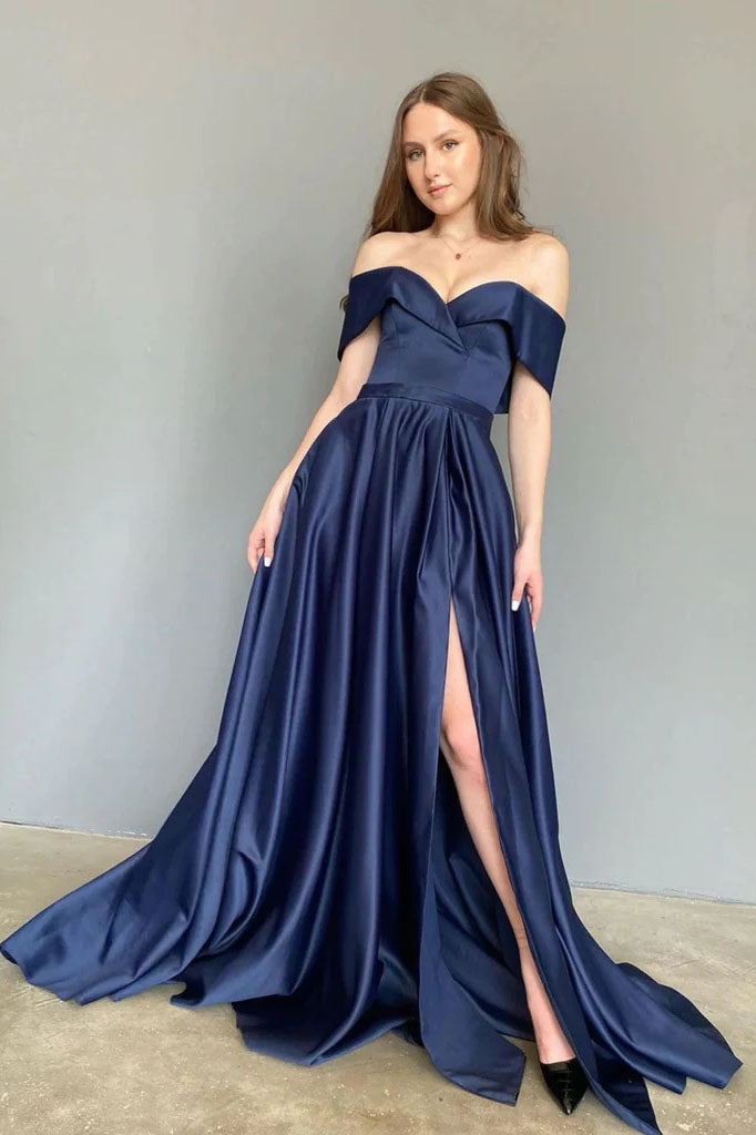 Dark Blue A Line Satin Off the Shoulder Long Prom Dresses, Formal Even